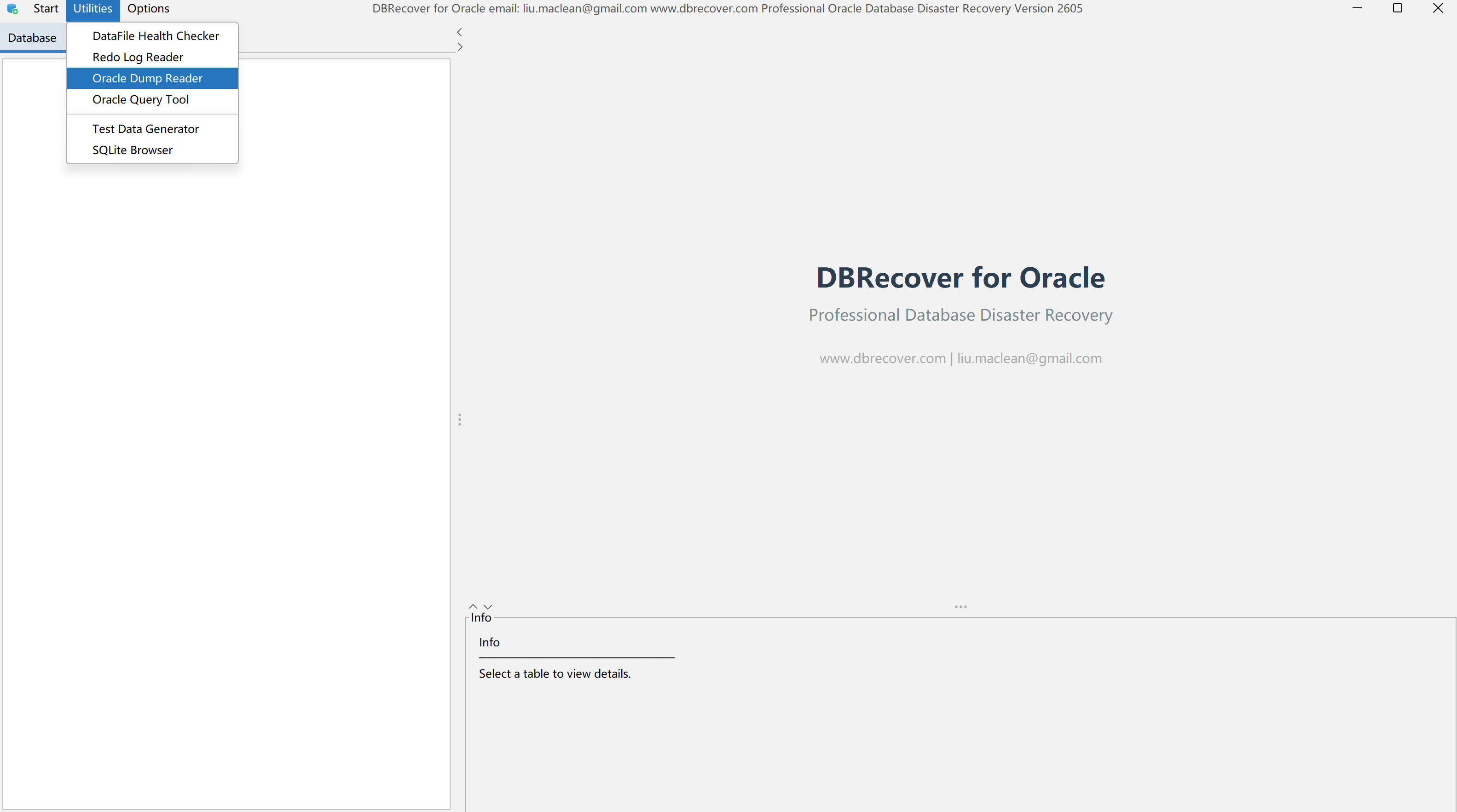 DBRECOVER for Oracle Utilities menu showing the Oracle Dump Reader entry