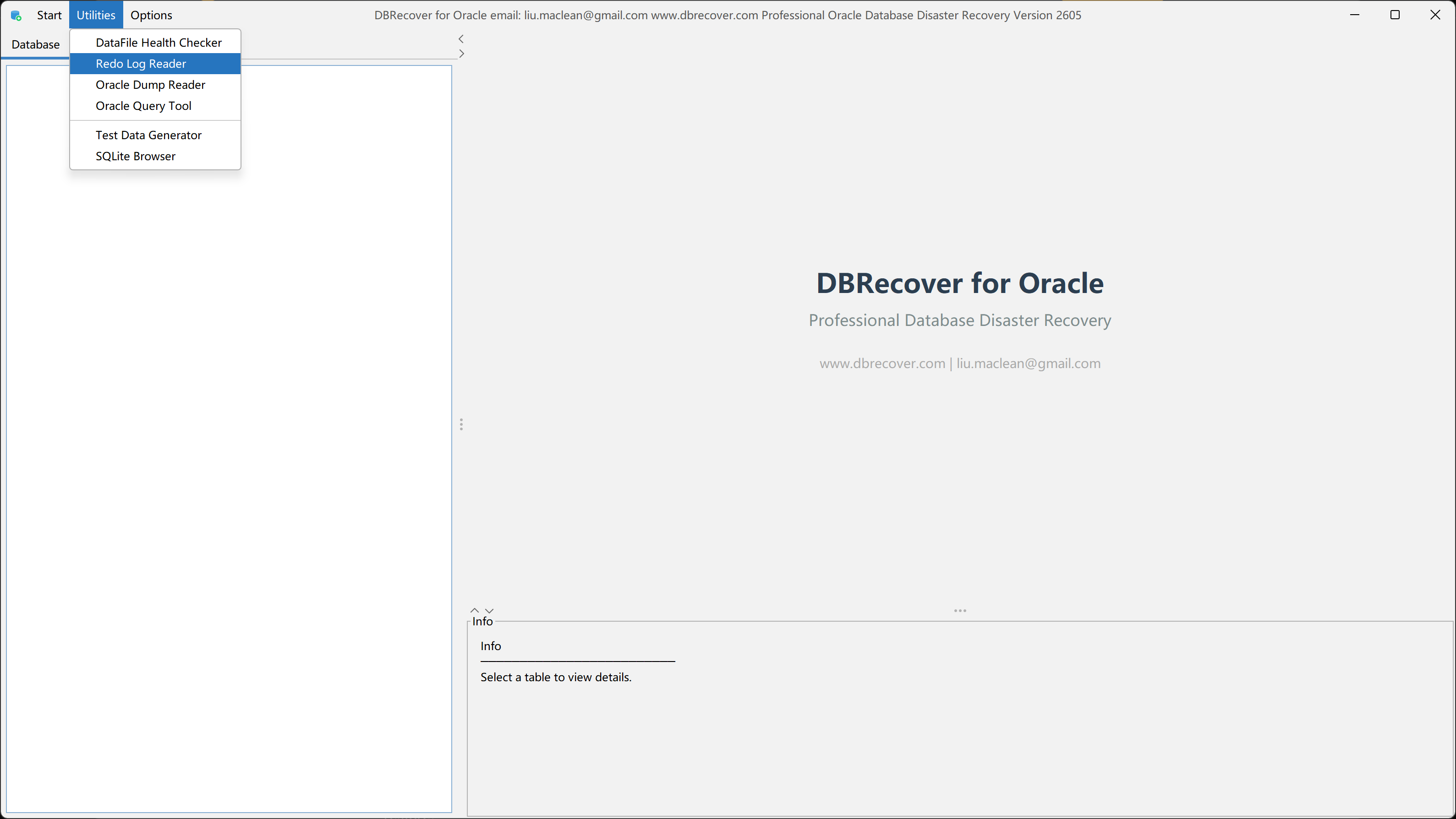 DBRECOVER for Oracle Utilities menu showing the Redo Log Reader entry