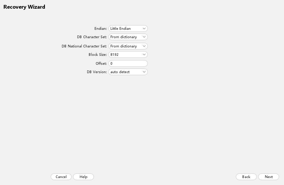 Recovery Wizard database options