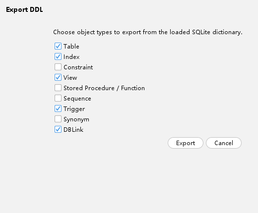 DDL export dialog