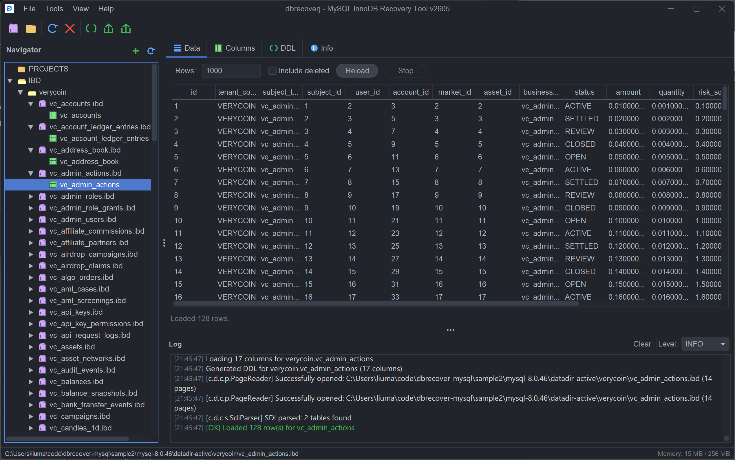 DBRECOVER para MySQL v2605 mostrando datos InnoDB recuperados, columnas, DDL y log de ejecución